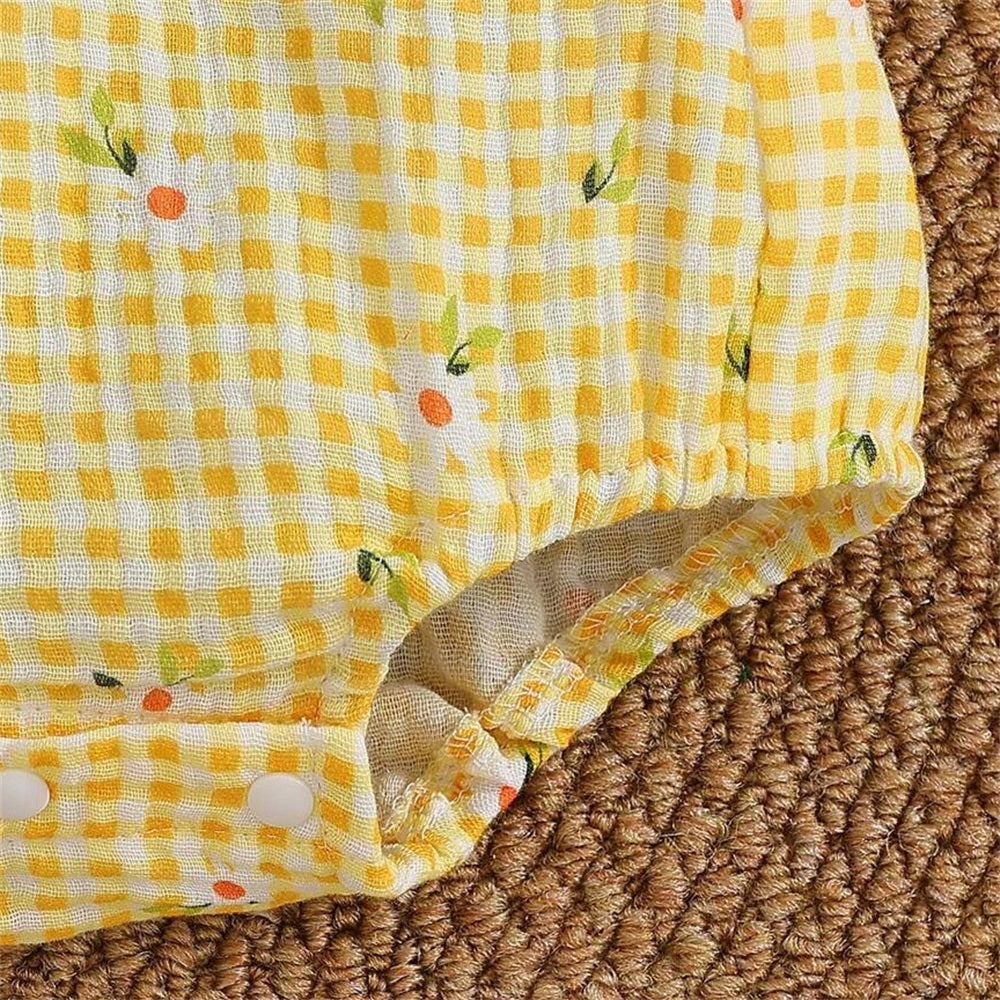 2PCS Cute Floral Printed Plaid Flounce Sleeve Baby Romper
