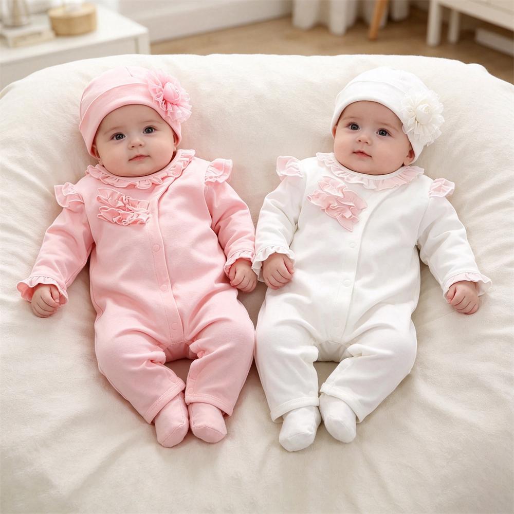 2PCS Lovely Fold Edge Solid Printed Long-sleeve Baby Jumpsuit With Hat