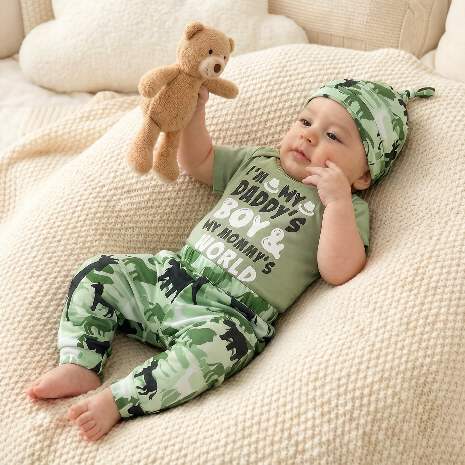 3PCS Daddy's Boy Mommy's World Letter Animal Print Baby Boy Set