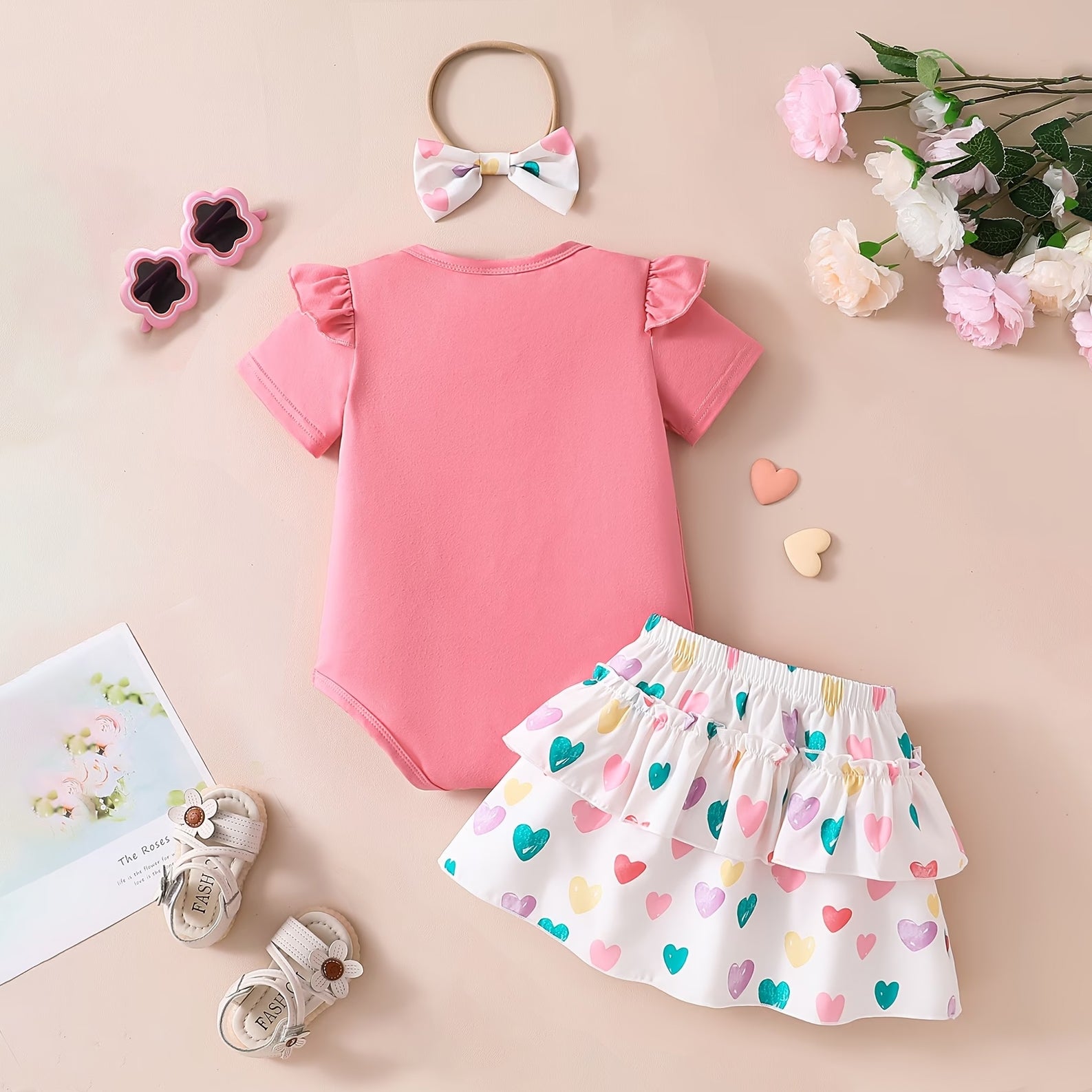 3PCS Fashion Heart Print Bow Long Sleeve Baby Skirt Set