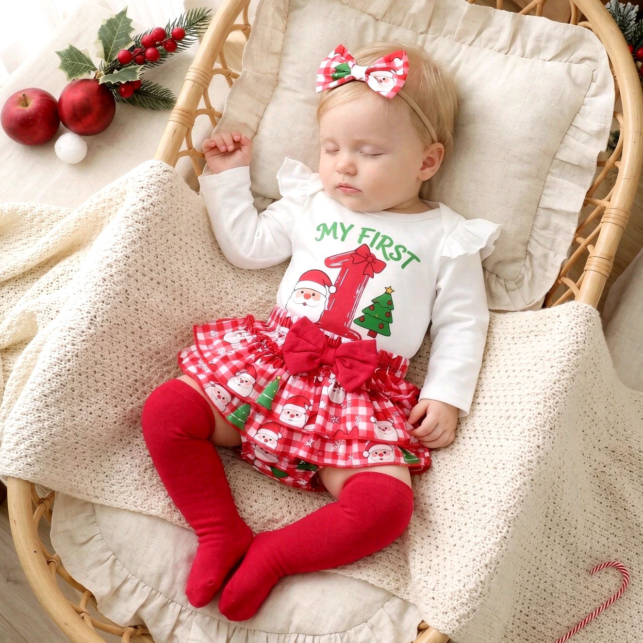 4PCS My First Christmas Letter Plaid Santa Claus Print Baby Set