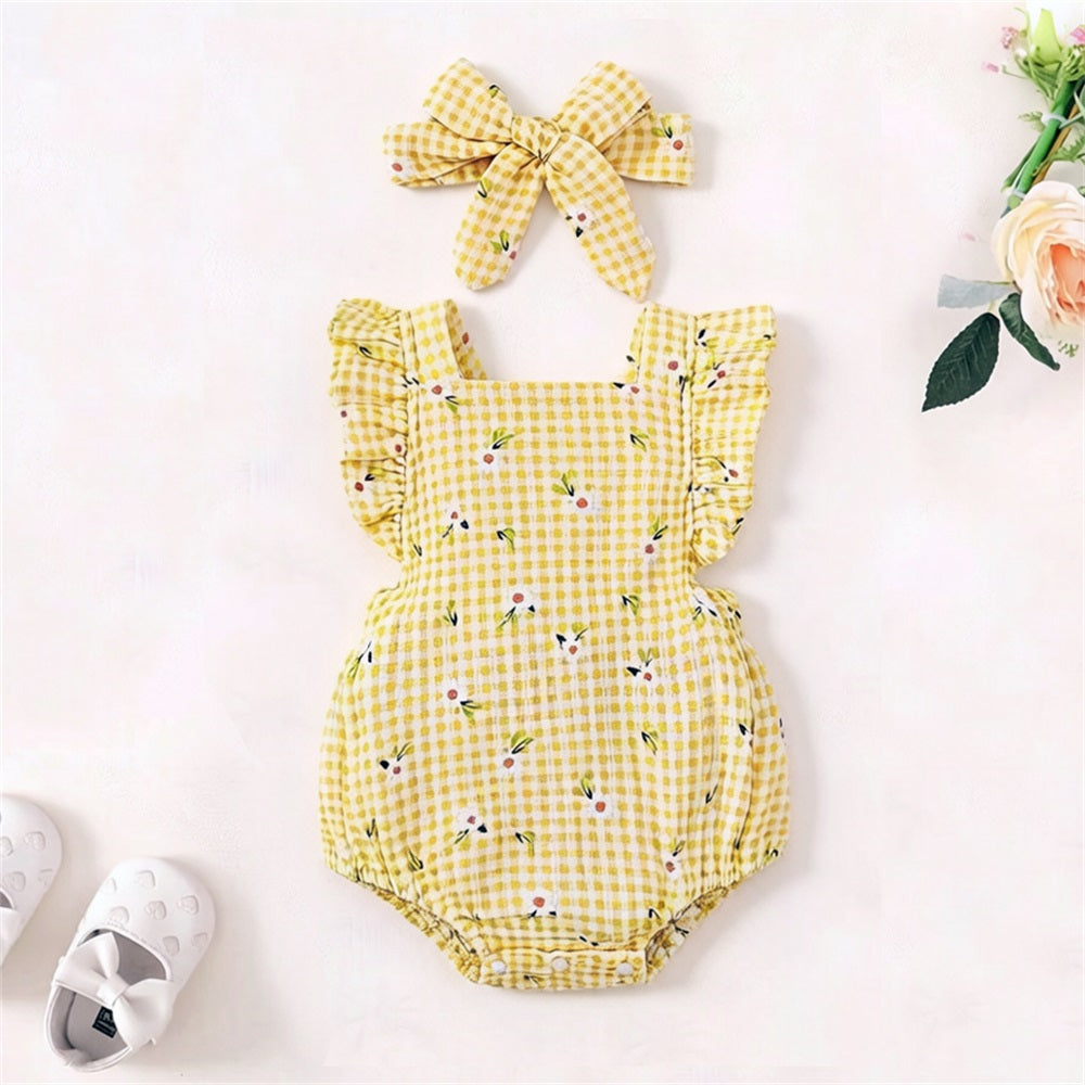 2PCS Cute Floral Printed Plaid Flounce Sleeve Baby Romper