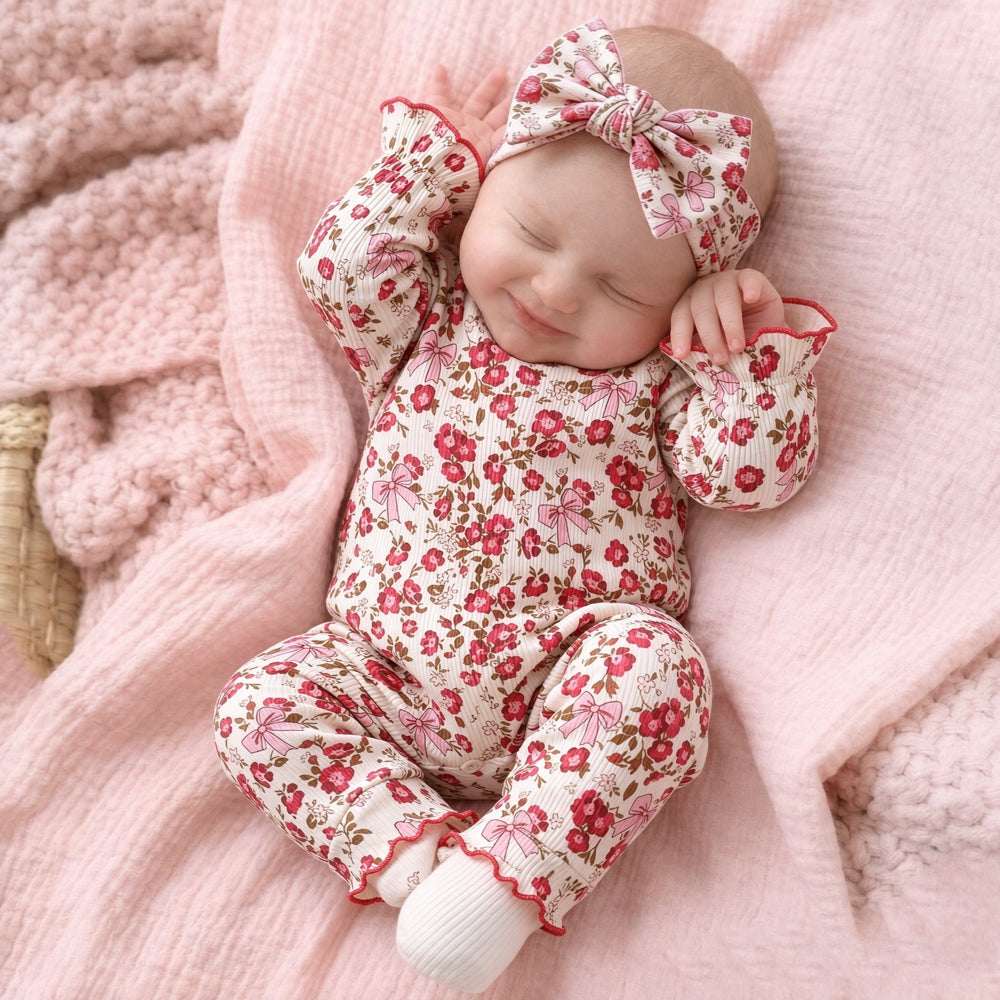 2PCS Radiant Floral Bow Print Long Sleeve Baby Girl Jumpsuit