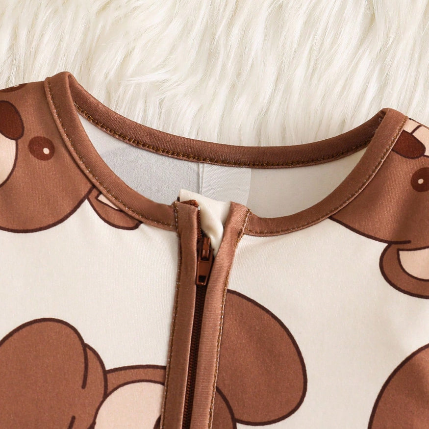 Adorable Bear Print Full Allover Print Crew Neck Baby Jumpsuit