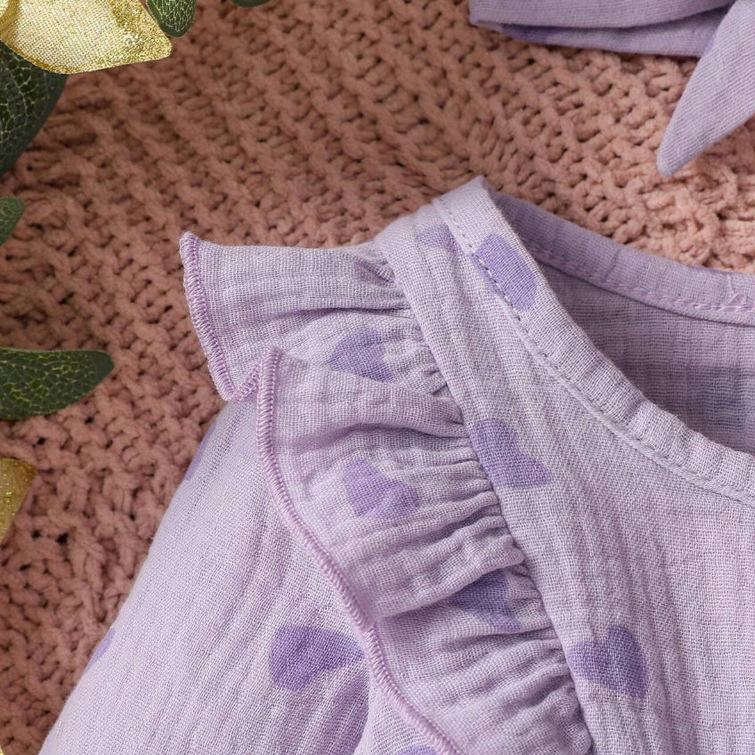 2PCS Elegant Heart Printed Bow Long Sleeve Baby Jumpsuit