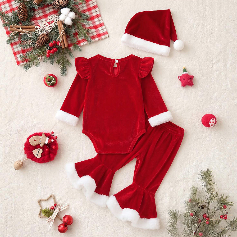 3PCS My 1st Christmas Letter Santa Embroidery Baby Girl Velvet Set