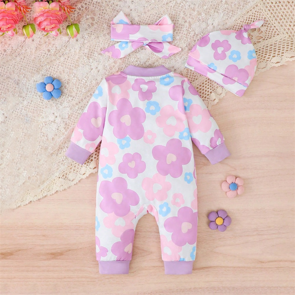 3PCS Adorable Floral Printed Long Sleeve Baby Jumpsuit