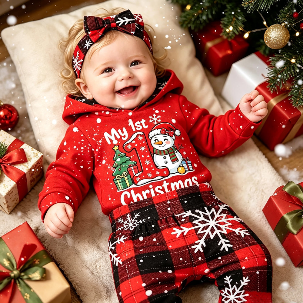 2PCS My 1st Christmas Letter Snowman Plaid Print Baby Hoodie Set
