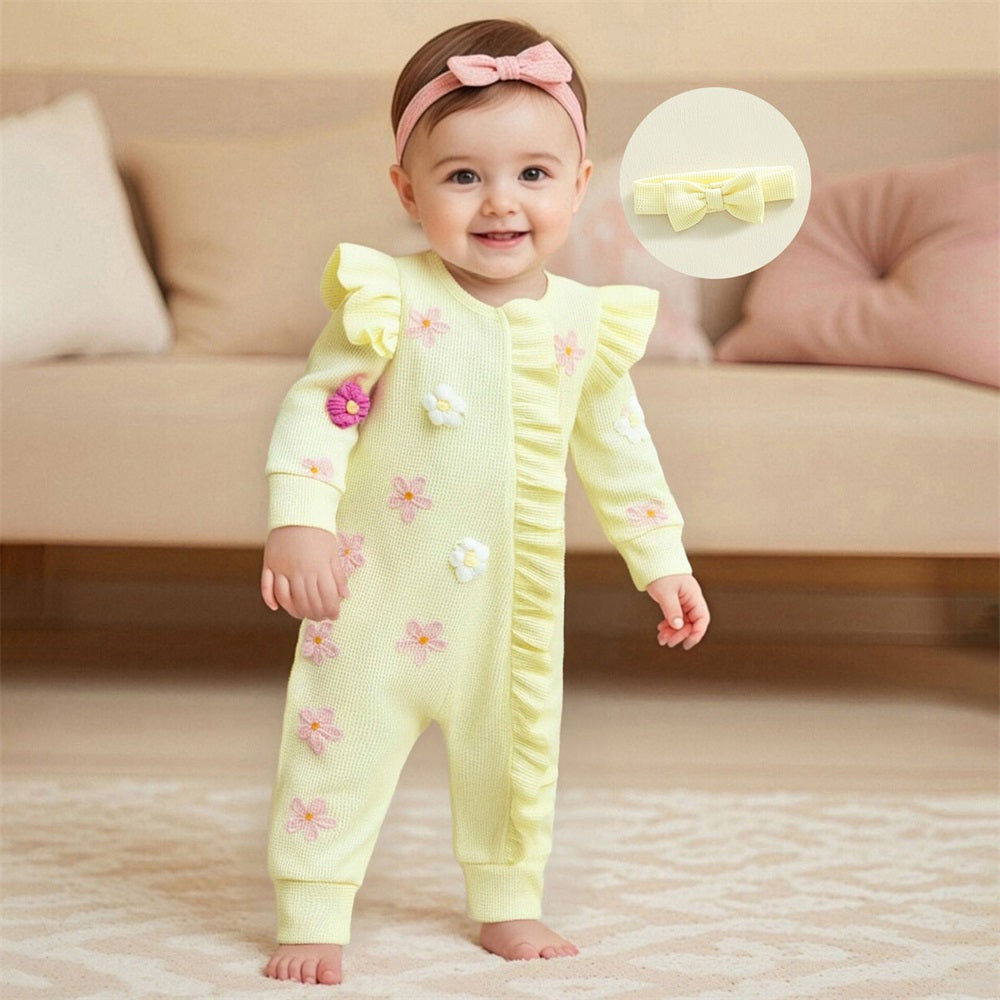 2PCS Cute 3D Flower Ruffled Long Sleeve Baby Jumpsuit