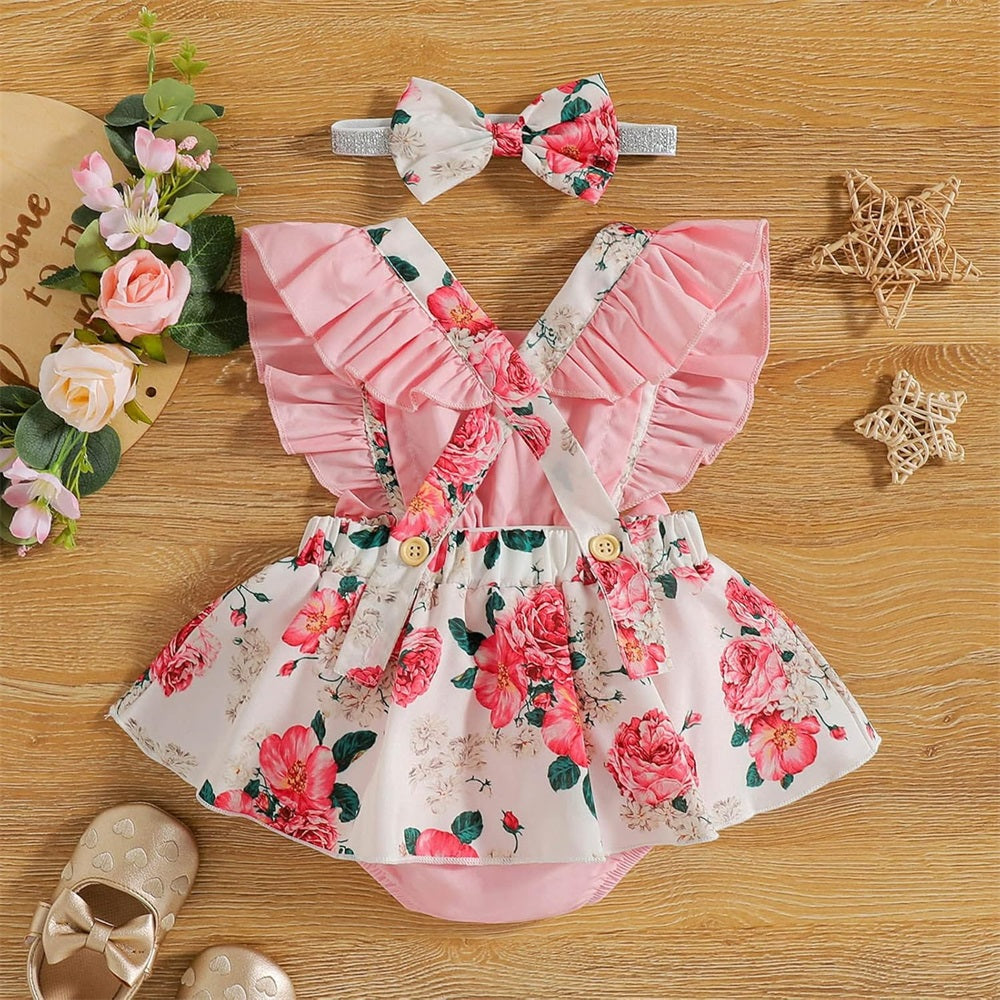 2PCS Floral Printed Bow Ruffles Fly Sleeve Baby Romper