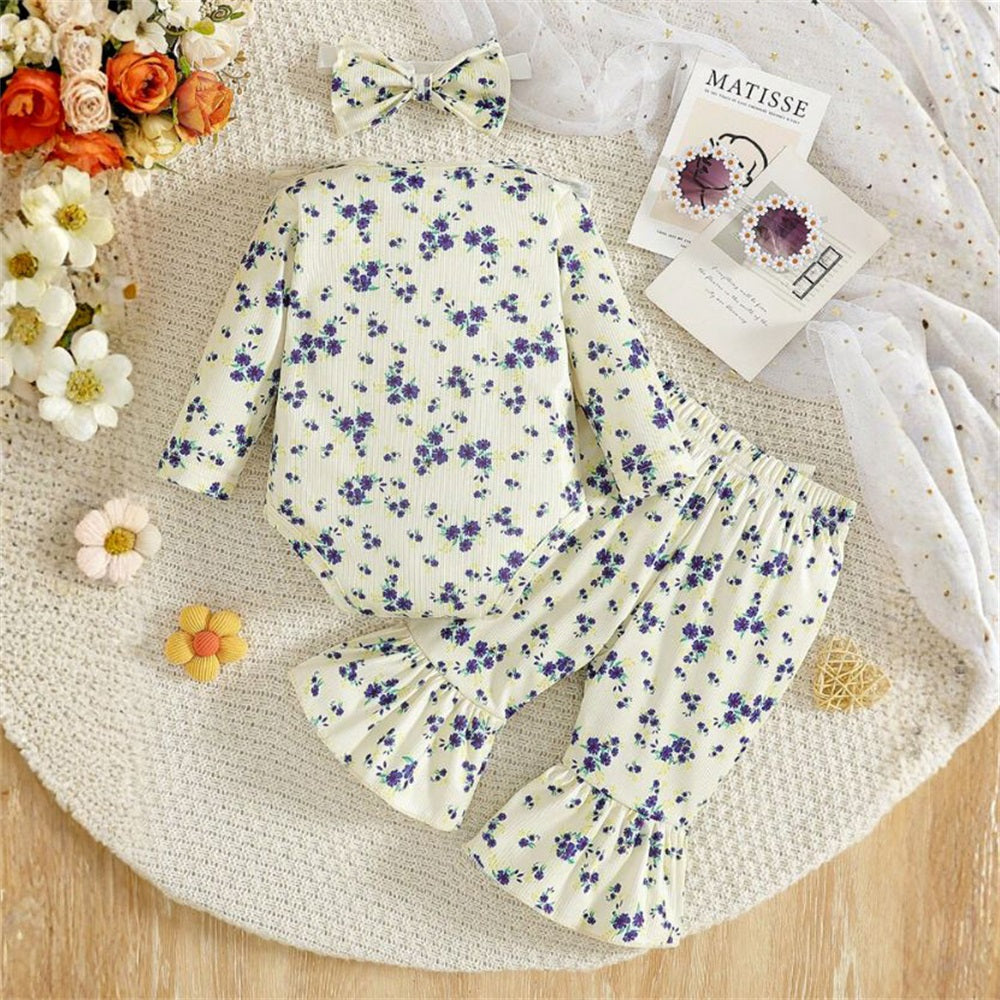 3PCS Stylish Casual Floral Printed Long Sleeve Baby Set