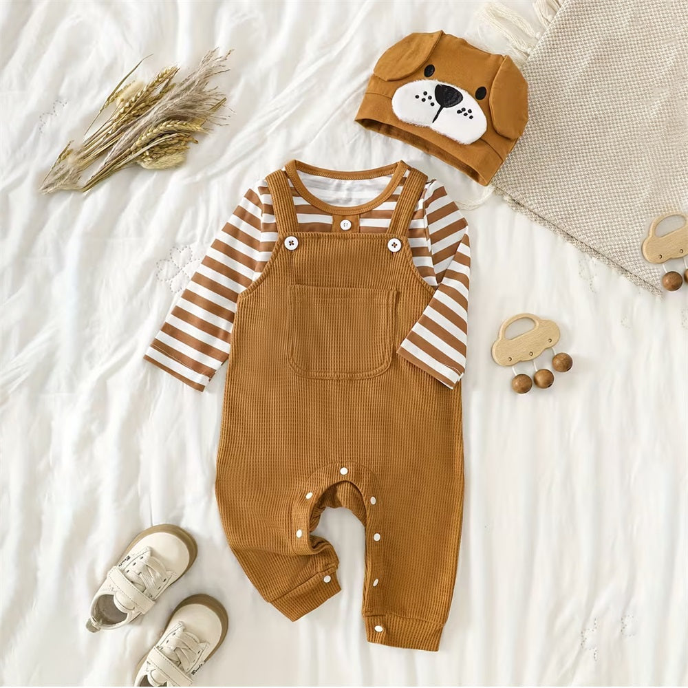 2PCS Cute Puppy Print Striped Long Sleeve Baby Set