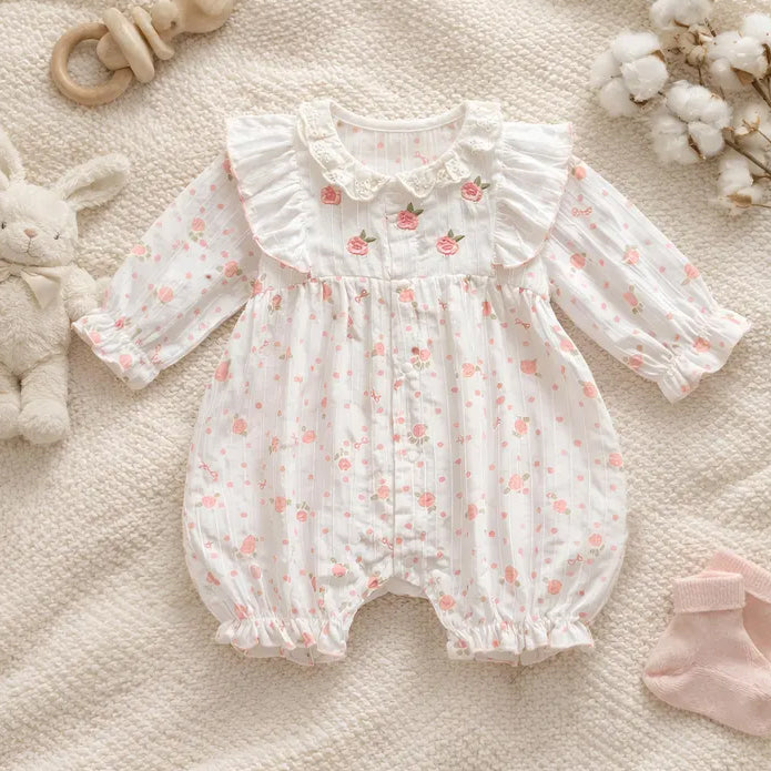 Sweet Floral Print Ruffled Trim Long Sleeve Baby Jumpsuit