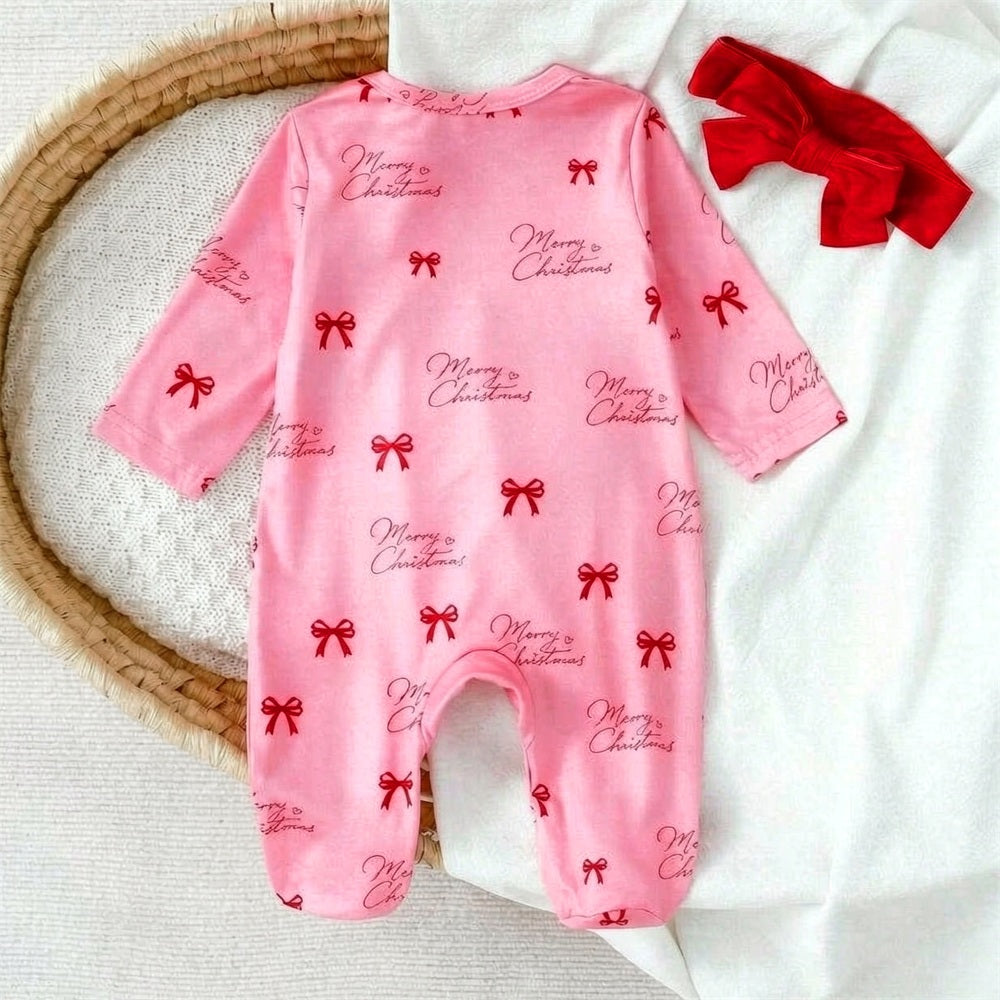 2PCS Christmas Bowknot Printed Long Sleeve Baby Jumpsuit