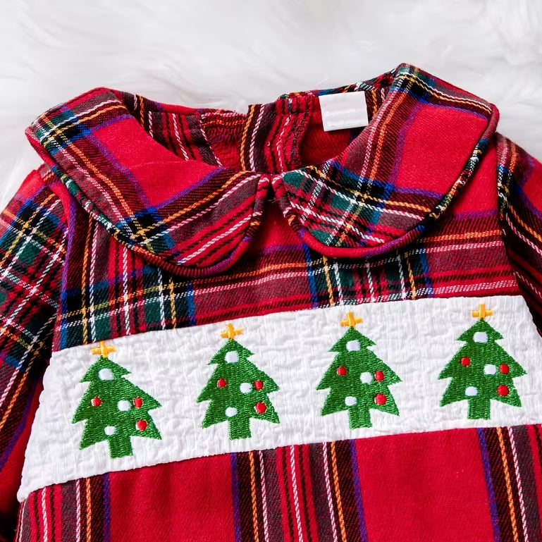 Sweet Christmas Tree Embroidered Plaid Printed Long Sleeve Baby Girl Jumpsuit