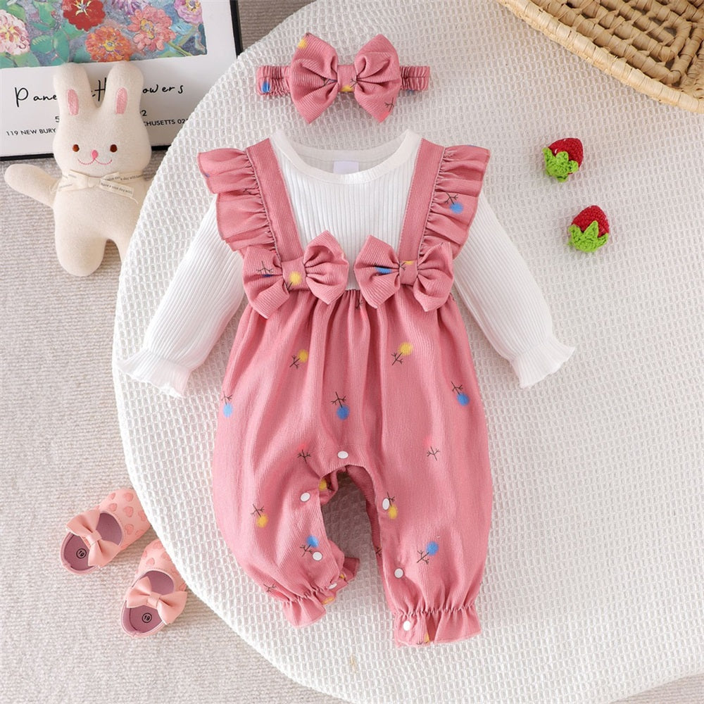 2PCS Cute Dandelion Print Bow Long Sleeve Baby Jumpsuit