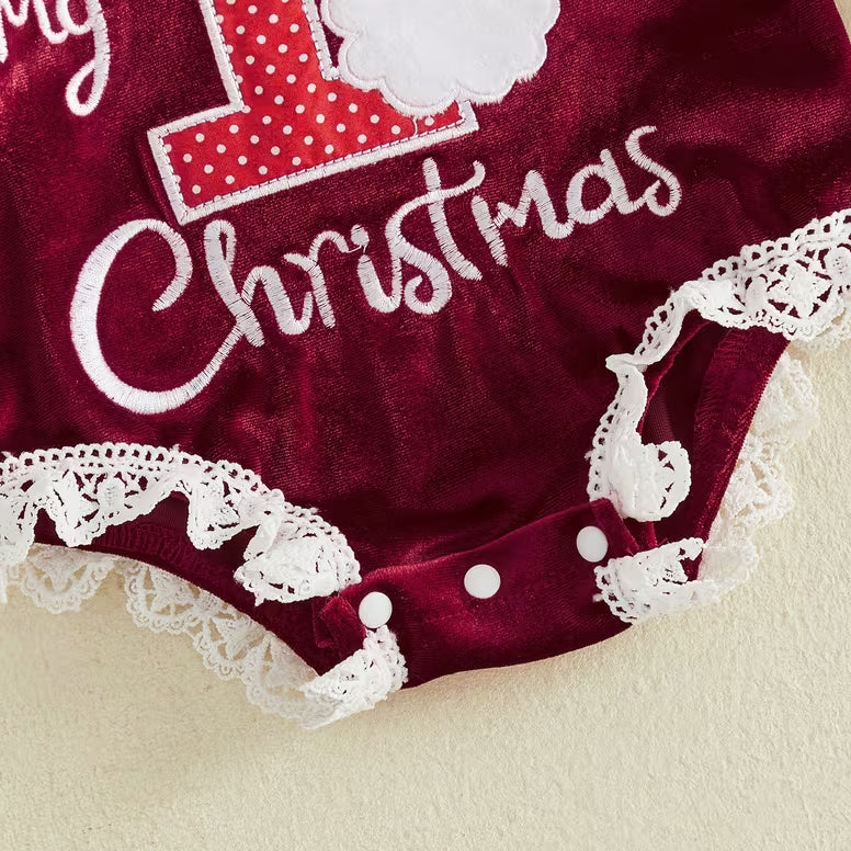 2PCS My 1st Christmas Letter Santa Embroidered Baby Girl Velvet Romper
