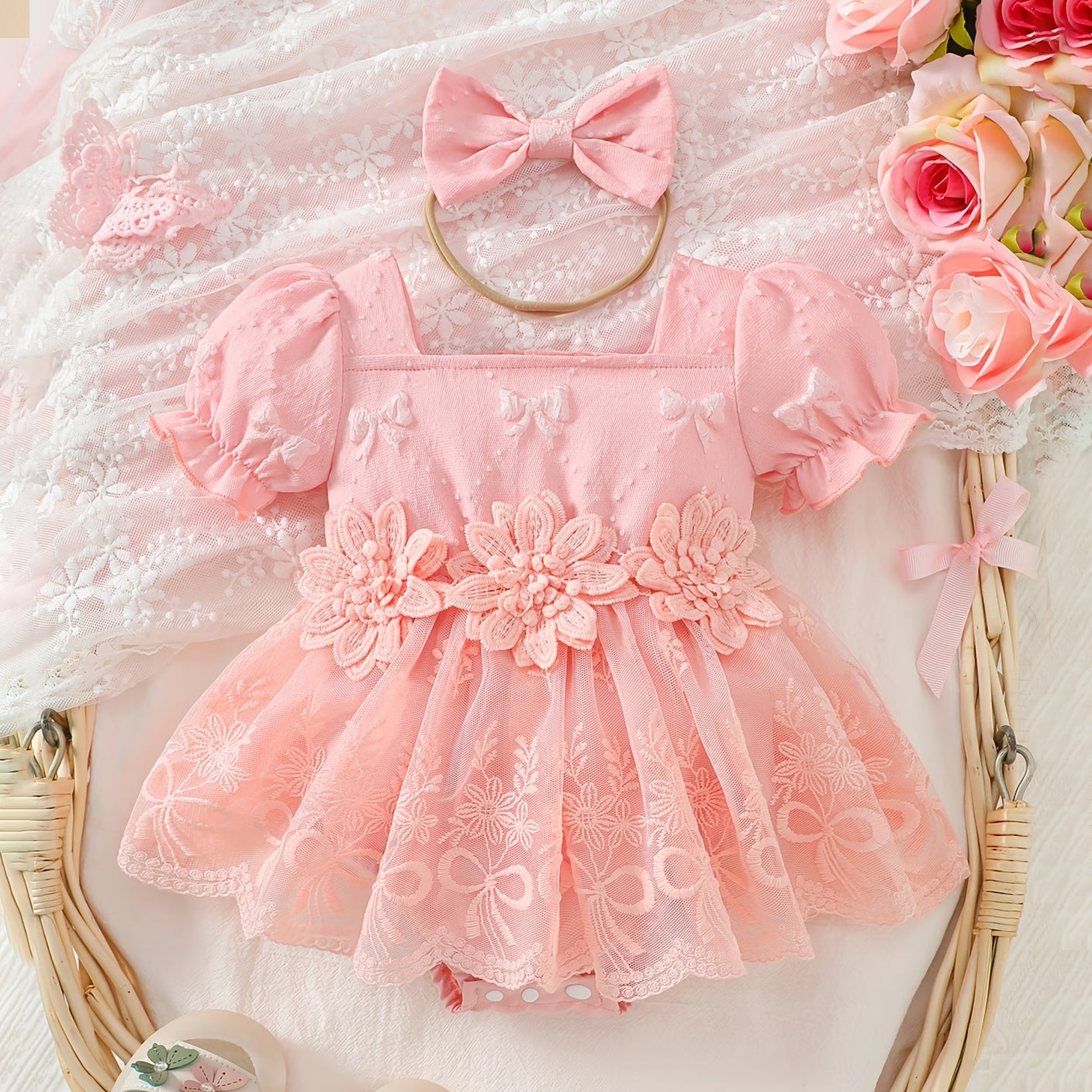 2PCS Sweet Floral and Bow Print Puff Sleeve Baby Romper