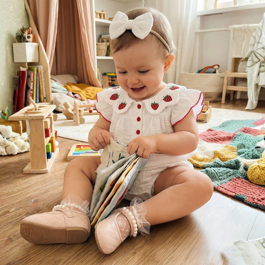 2PCS Lovely Strawberry Embroidery Flounce Sleeve Baby Romper