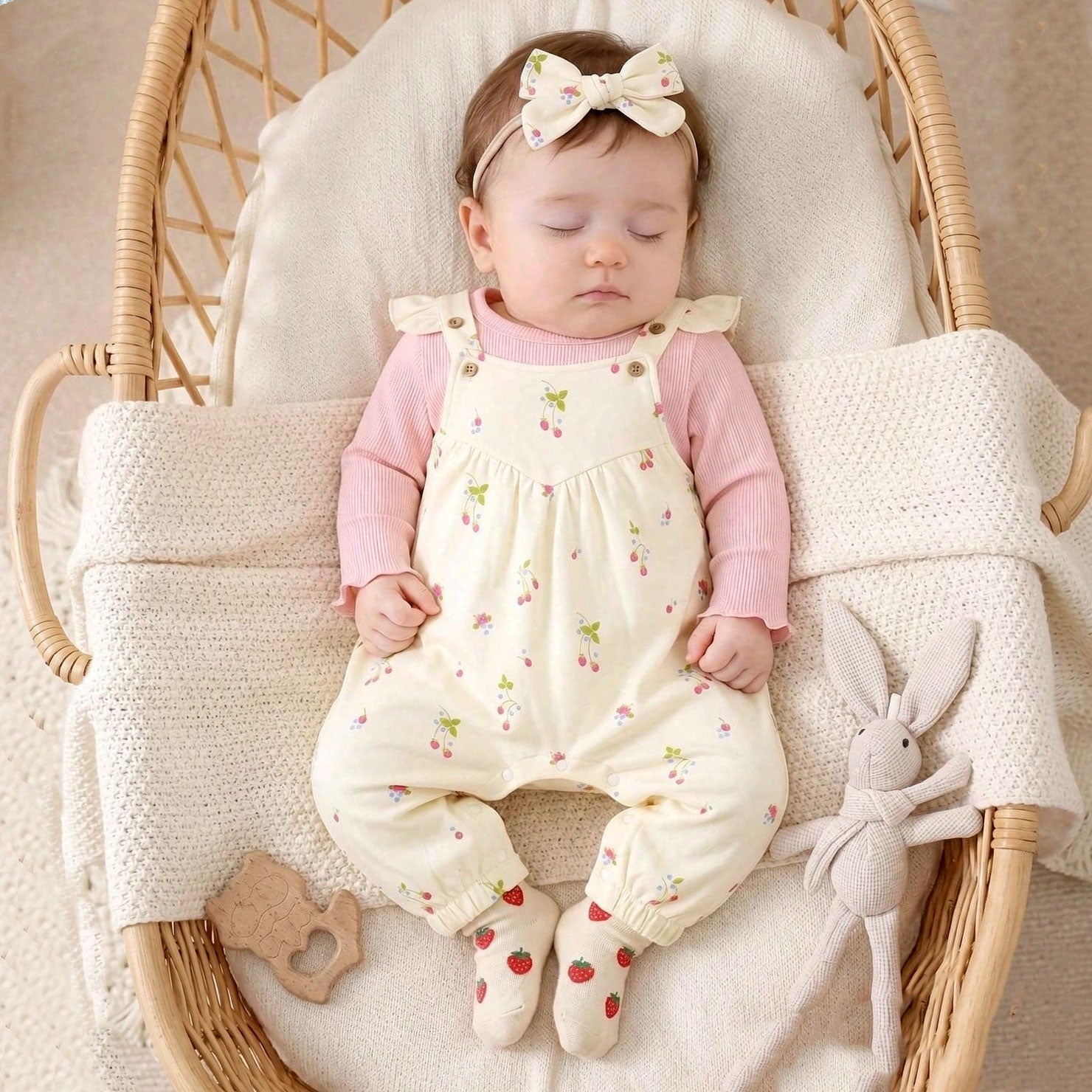 3PCS Strawberry Printed Long Sleeve Fuzzy Overalls Baby Set