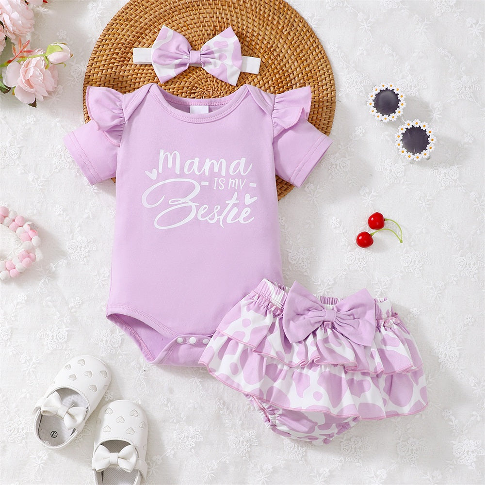 3PCS Mama Is My Bestie Letter Print Short Sleeve Baby Set