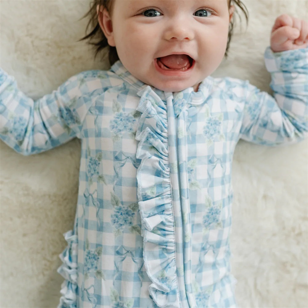 Adorable Floral Plaid Print Long Sleeve Zipper Baby Jumpsuit