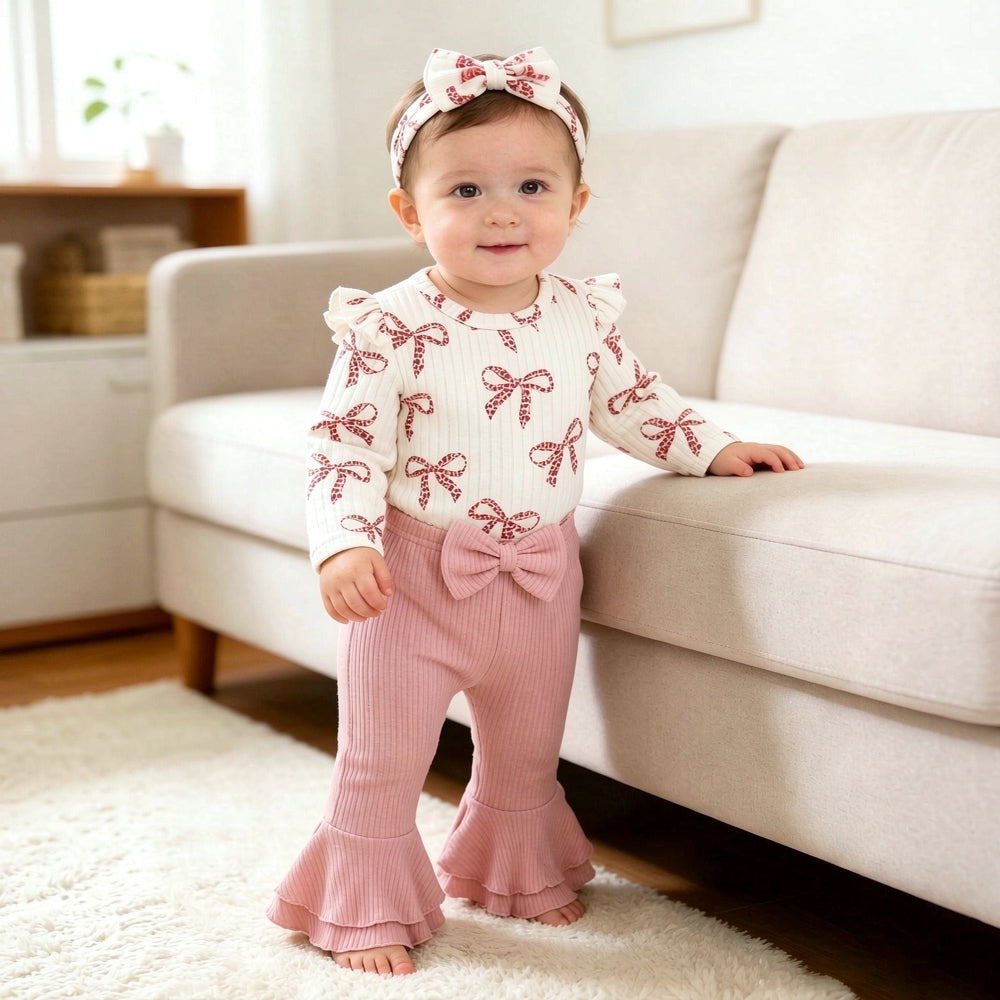 3PCS Exquisite Bow Printed Long Sleeve Baby Girl Set