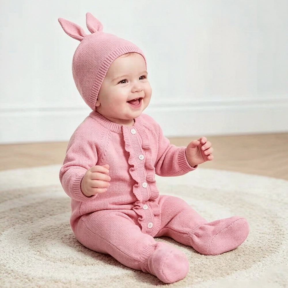 2PCS Cozy Solid Color Ruffle Long Sleeve Knit Baby Girl Jumpsuit