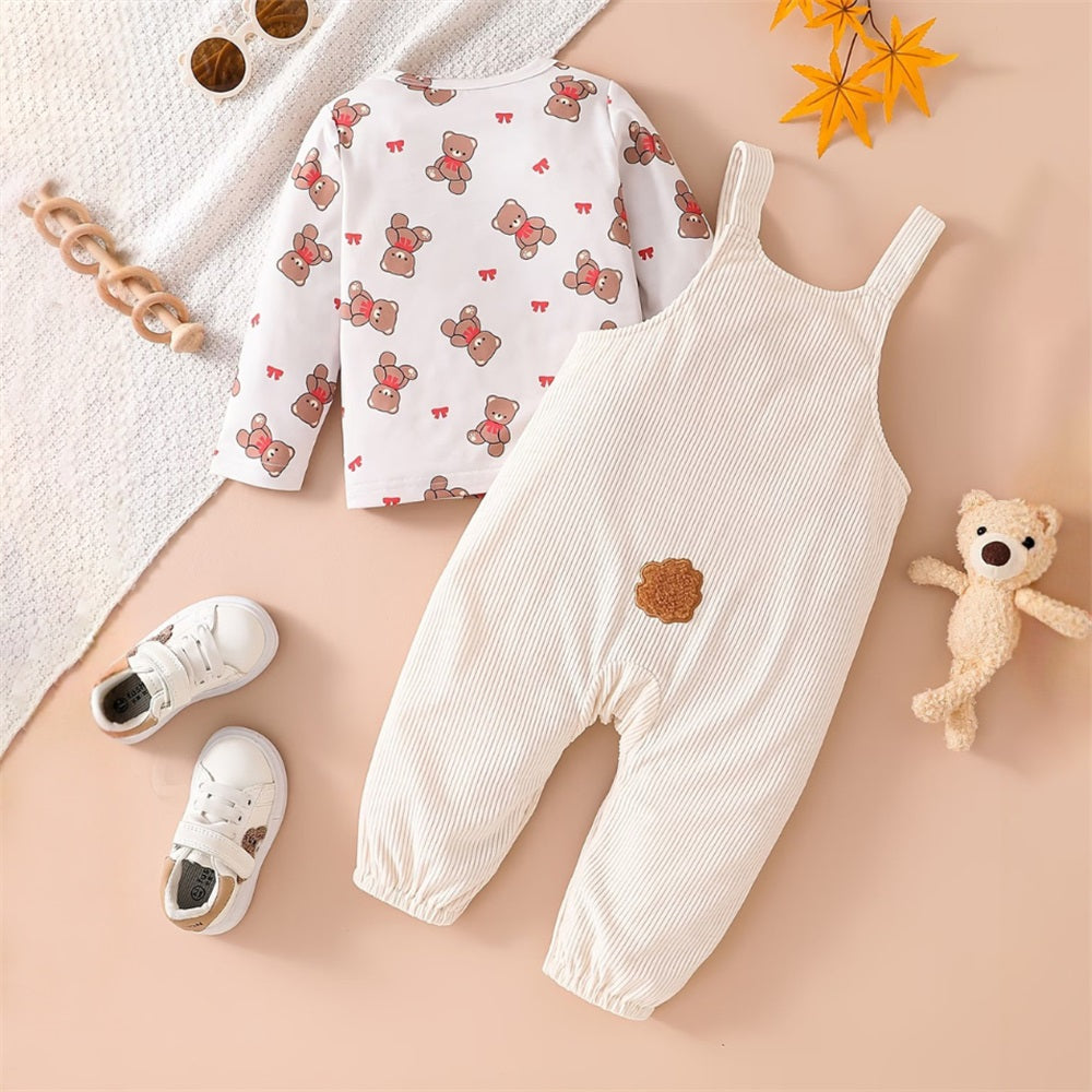 2PCS Adorable Bear Print Long Sleeve Baby Overalls Set
