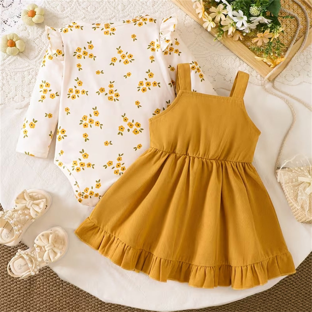 2PCS Exquisite Floral Print Long Sleeve Suspender Baby Set