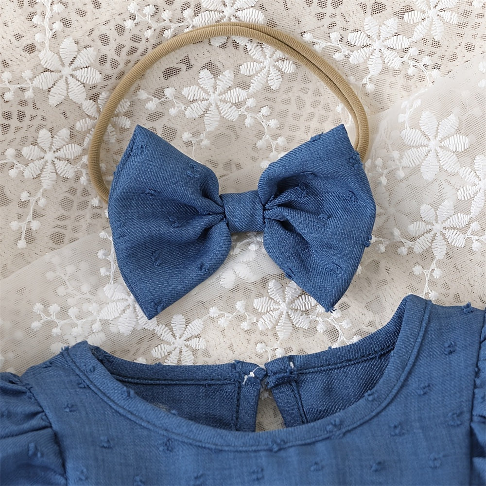 2PCS Lovely Solid Color Bow Ruffle Baby Jumpsuit