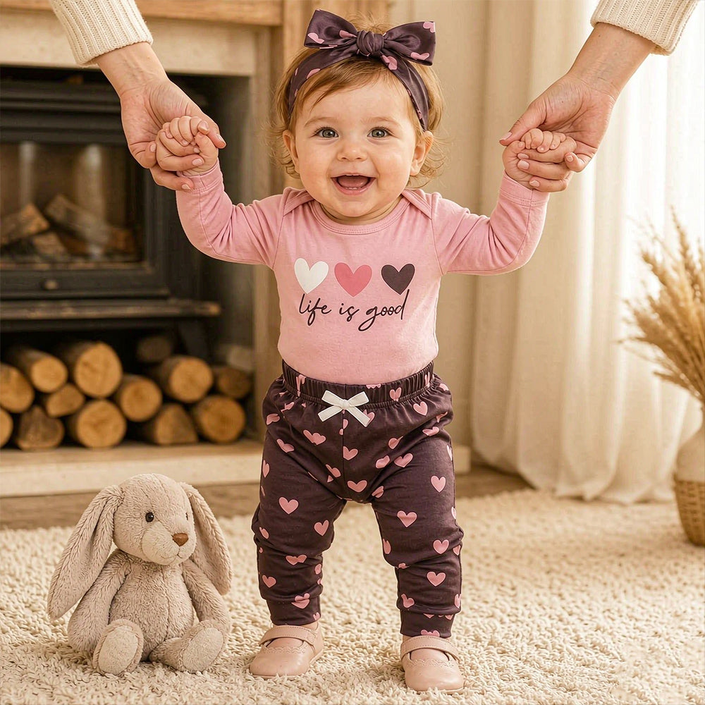 3PCS Cute Life Is Good Letter Heart Printed Baby Set