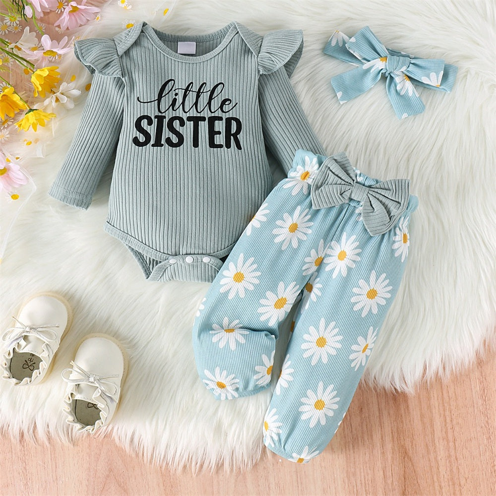 3PCS Pretty Little Sister Letter Daisy Print Baby Set