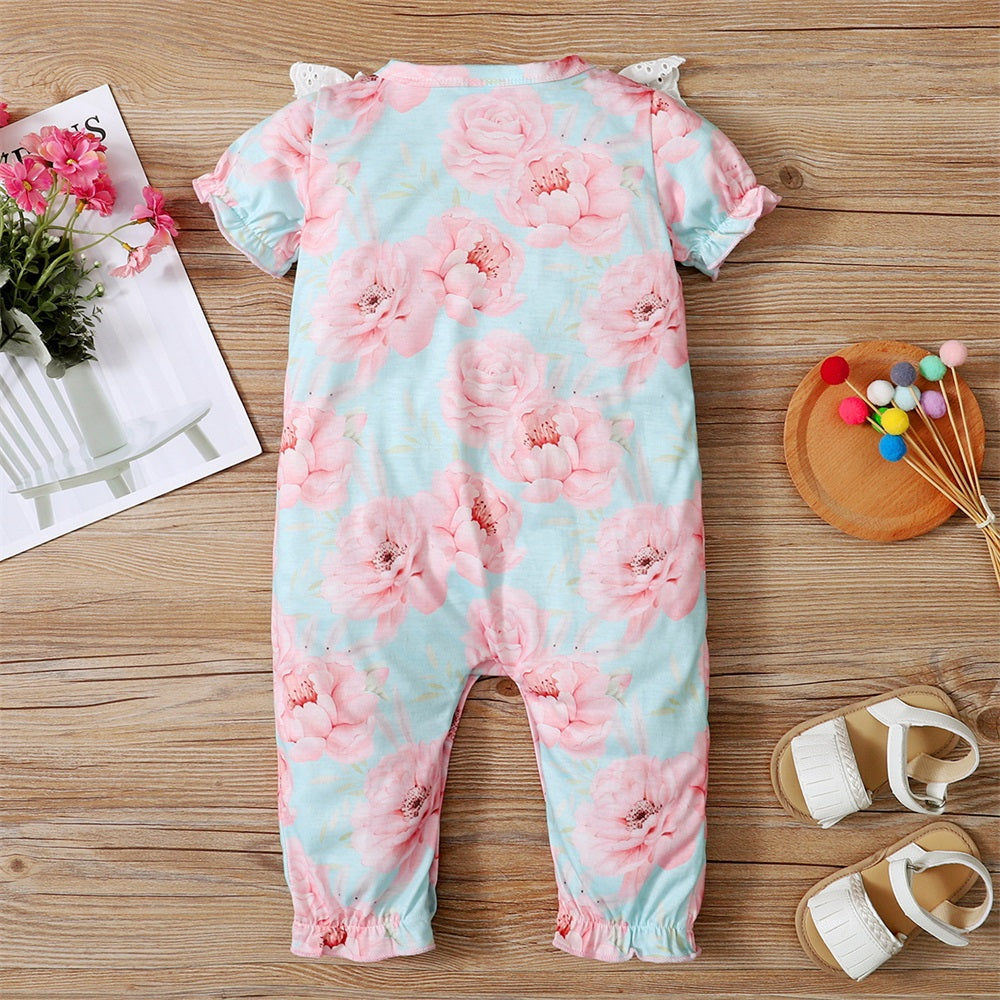 Causal Floral Printed Lace Trim Short Sleeve Baby Jumpsuit
