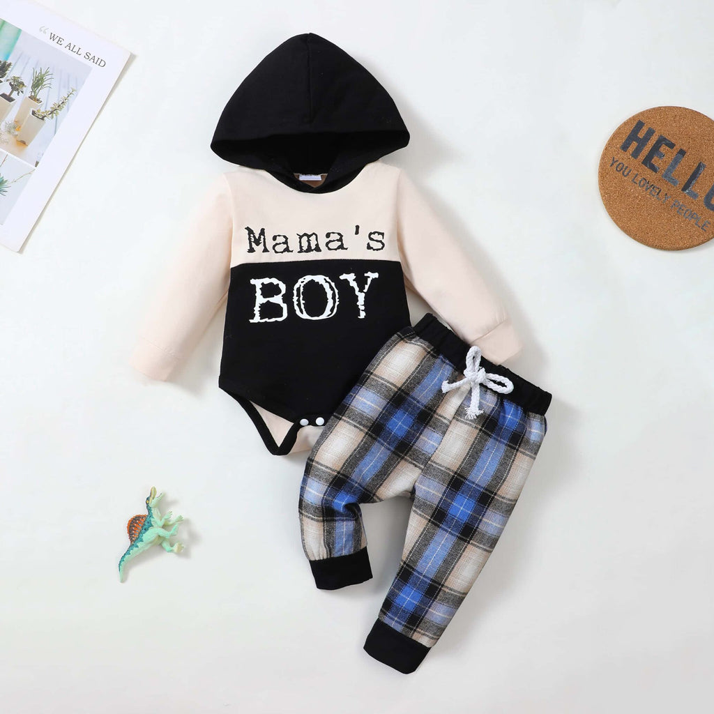 2PCS Mama's Boy Letter Plaid Printed Hoodie Baby Set