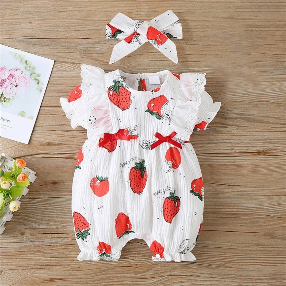 2PCS Casual Strawberry Printed Lace Trim Short Sleeve Baby Jumpsuit