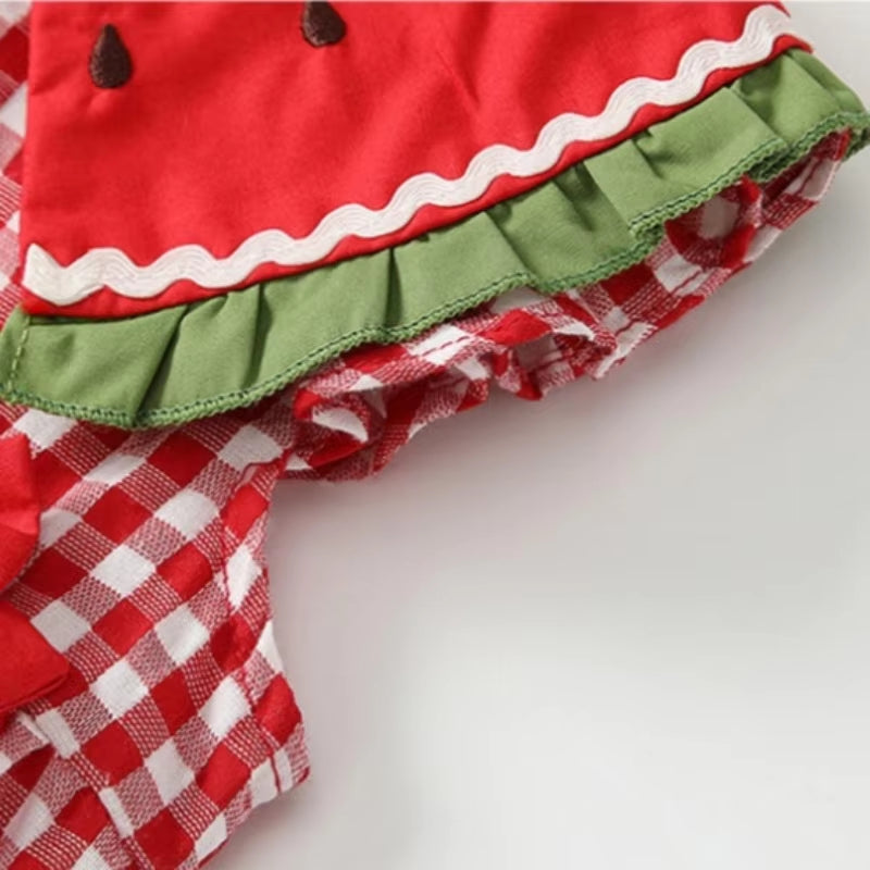 Cute 3D Watermelon Slice Collar Plaid Print Sleeveless Baby Romper
