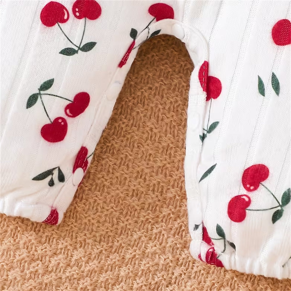 2PCS Timeless Cherry Print Long Sleeve Baby Jumpsuit