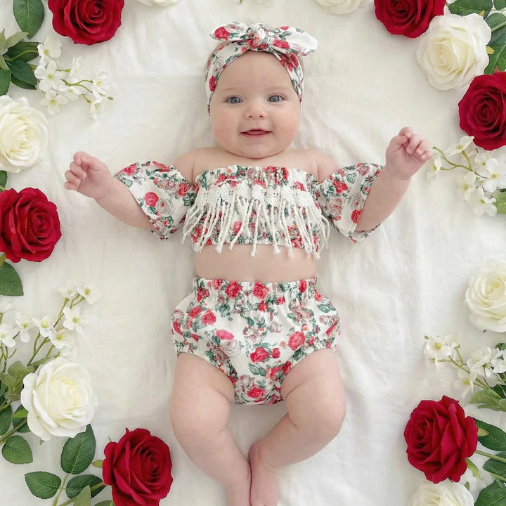 3PCS Adorable Floral Print Short Sleeve Baby Set