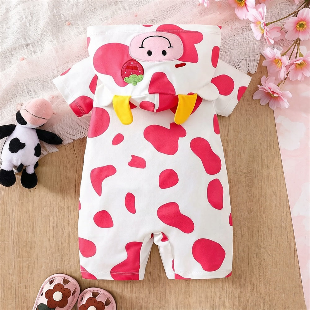 Cute Cow Printed Short Sleeve Baby Hooded Jumpsuit