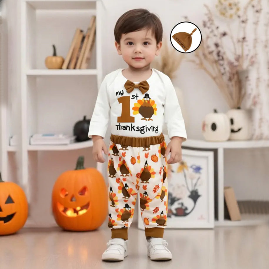 3PCS Cute My 1st Thanksgiving Letter Turkey Printed Baby Set