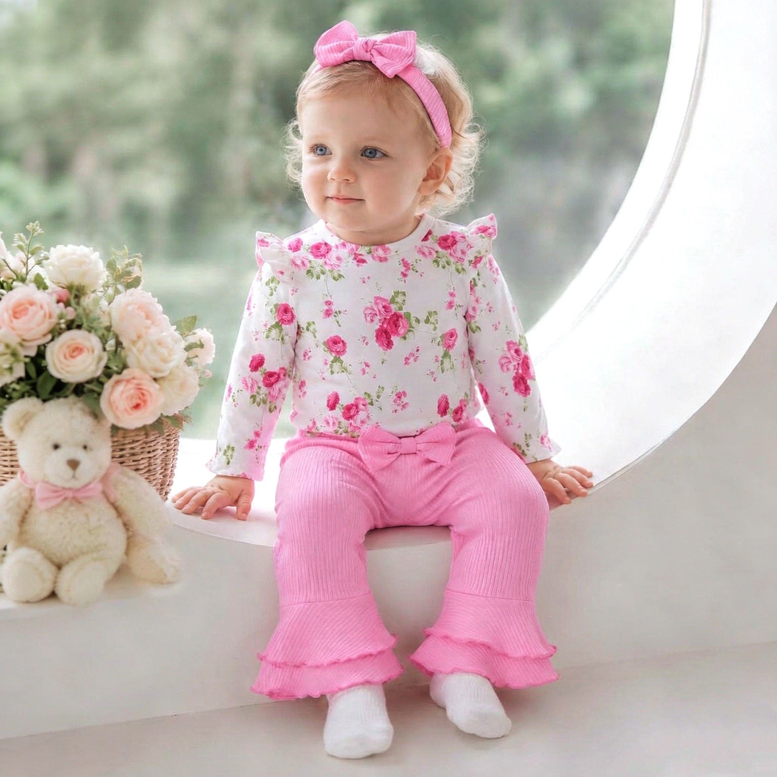 4PCS Pretty Floral Printed Bow Long Sleeve Baby Girl Set