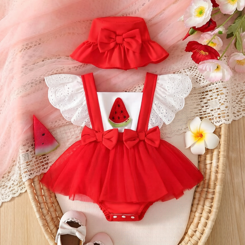 2PCS Watermelon Appliqué Eyelet Lace Flutter Sleeve Baby Romper