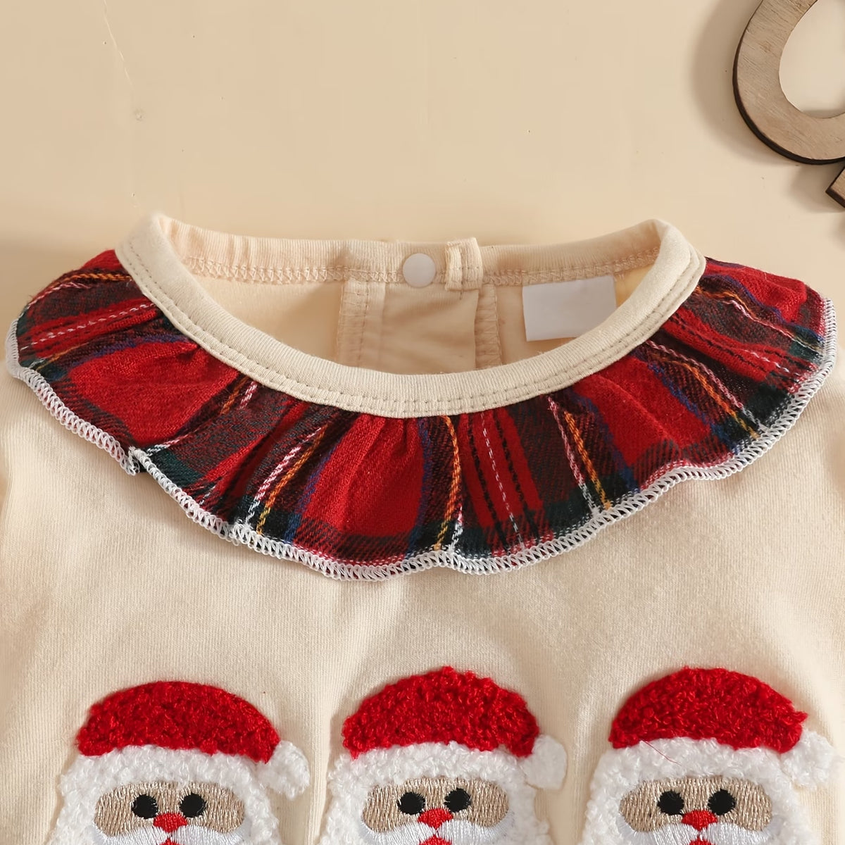 Baby Girl Letter Embroidery Santa Applique Plaid Print Long Sleeve Jumpsuit