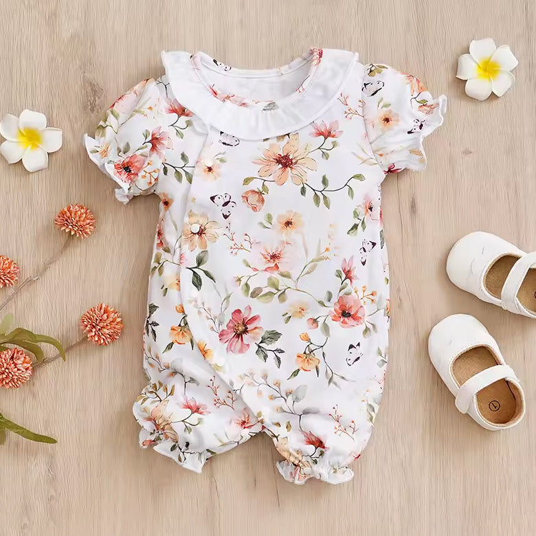 Casual Round Neck Floral Printed Short Sleeve Baby Jumpsuit