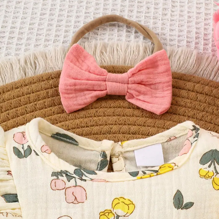2PCS Lovely Cat Floral Print Short Sleeve Baby Girl Jumpsuit