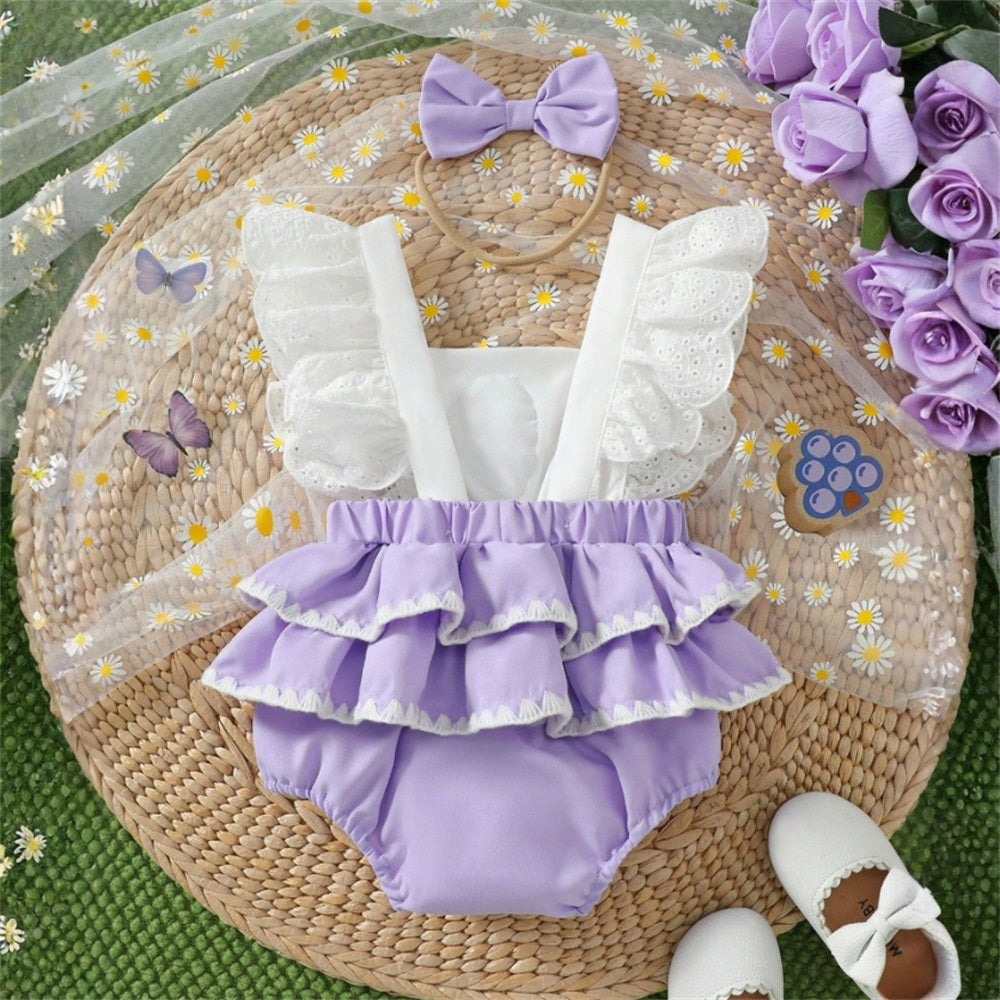 2PCS Cute Grape Embroidery Lace Fly Sleeve Baby Romper