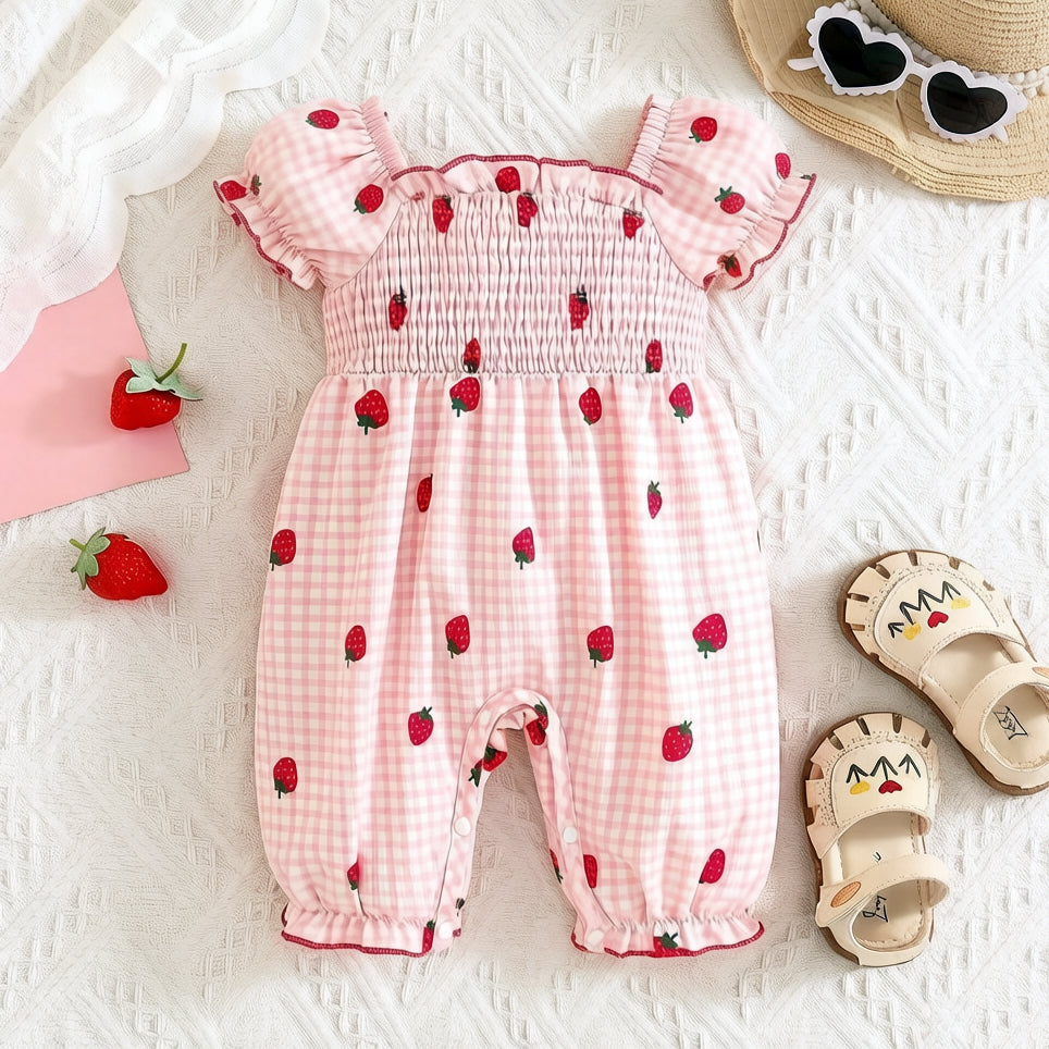 Elegant Strawberry Plaid Print Short Sleeve Baby Jumpsuit
