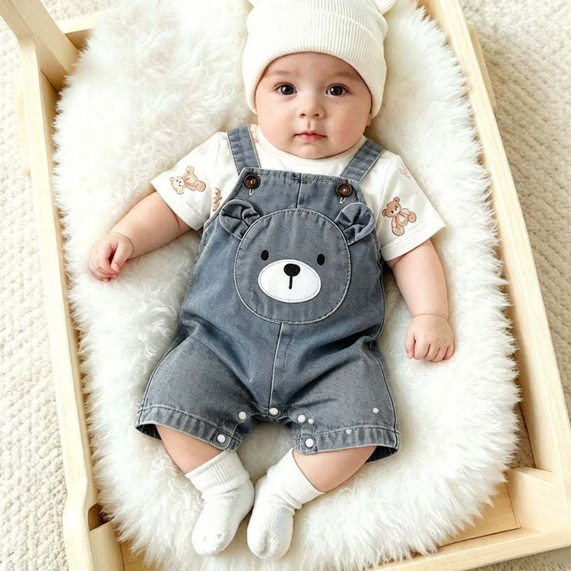 2PCS Cute Teddy Bear Print Denim Short Sleeve Overalls Baby Set