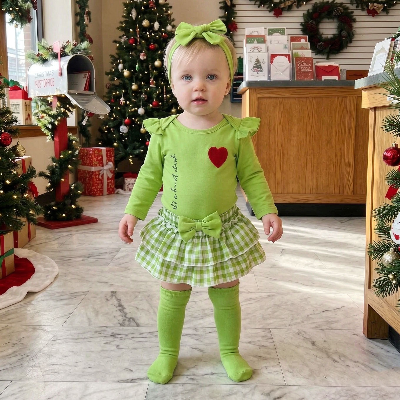 4PCS It's A Beaut Clark Letter Plaid Printed Long Sleeve Christmas Baby Set